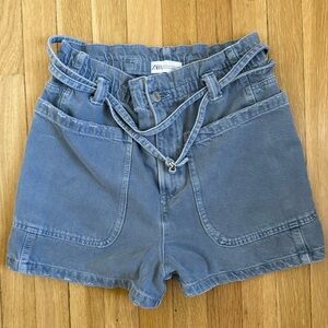 Zara High waisted belted paper bag shorts